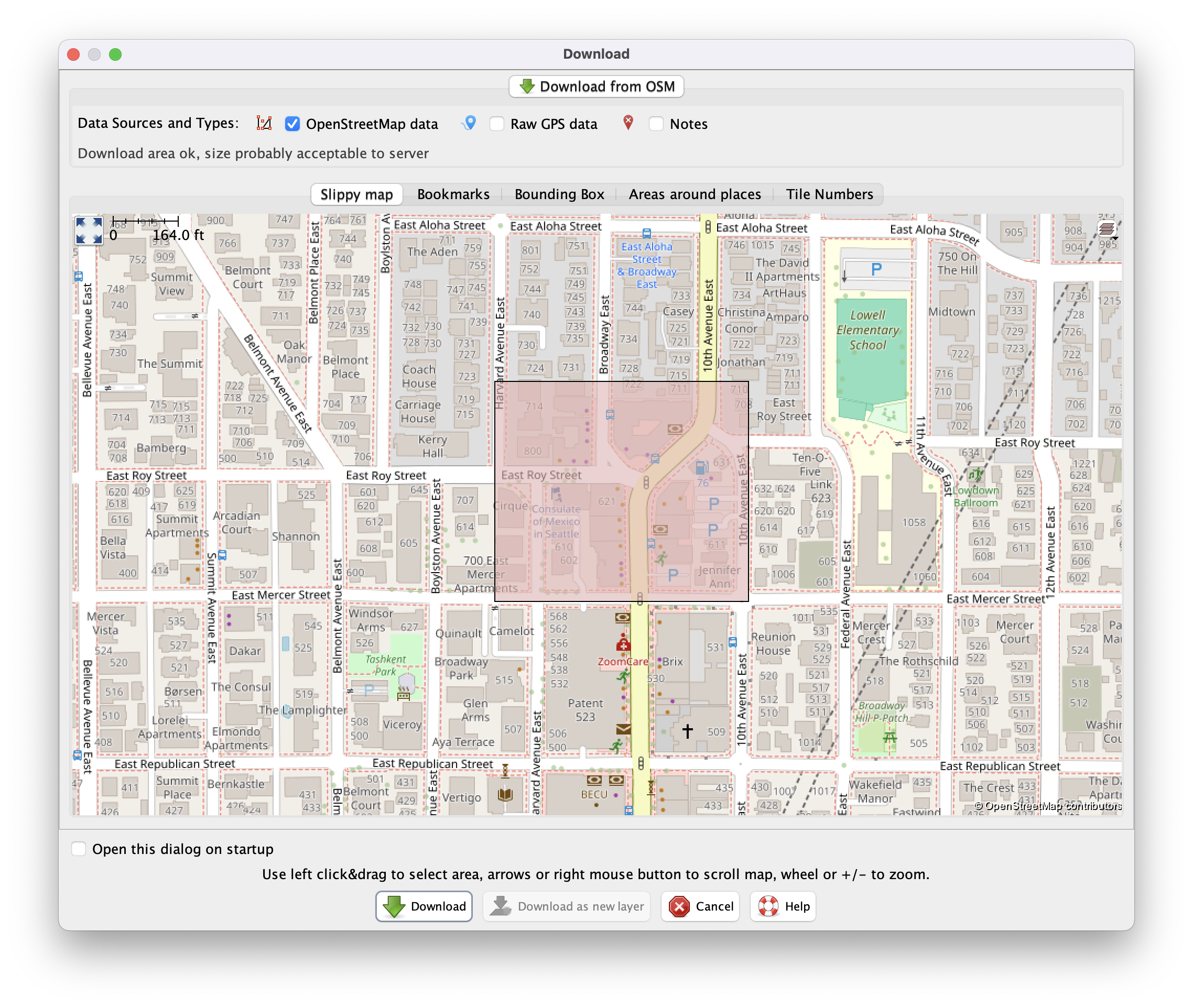 JOSM's Download panel with an area of interest selected