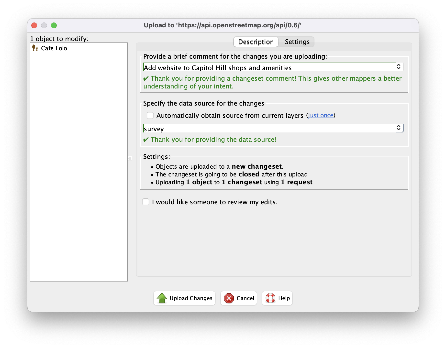 JOSM's Upload panel with our changeset's info